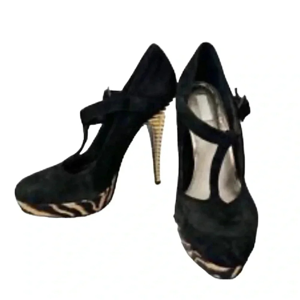 Rachel Roy Kistyn black  suede leather platform Tiger striped heels Sz 9.5